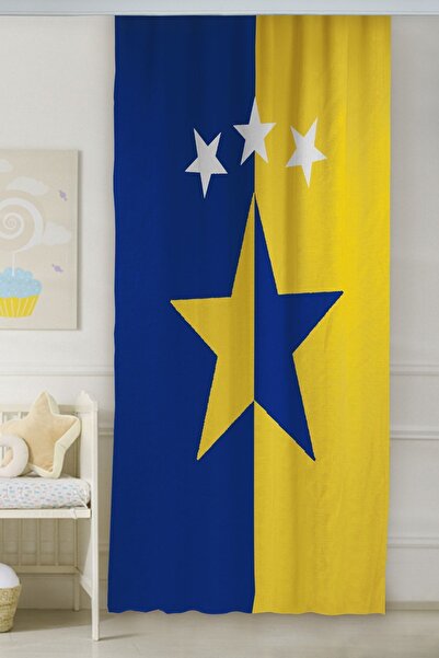 CAPRİCE HALI Sarı Lacivert Yıldızlı Çift Kanatlı Çocuk Odası Fon Perde