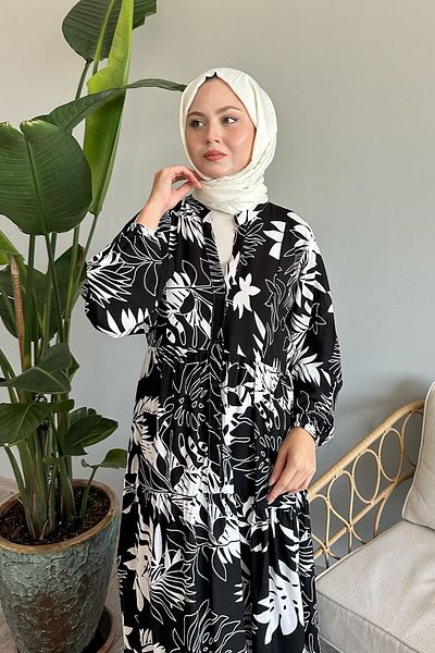 InStyle Black Viscose - Balloon Sleeve and Palm Patterned Dress
