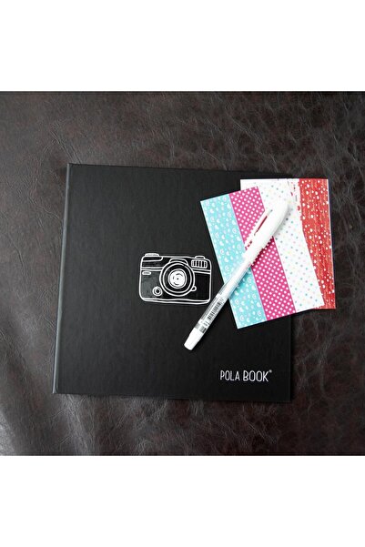 POLABOOK Beyaz Kalemli Kamera Figürlü Siyah Anı Defteri - Çıkartma Hediyeli