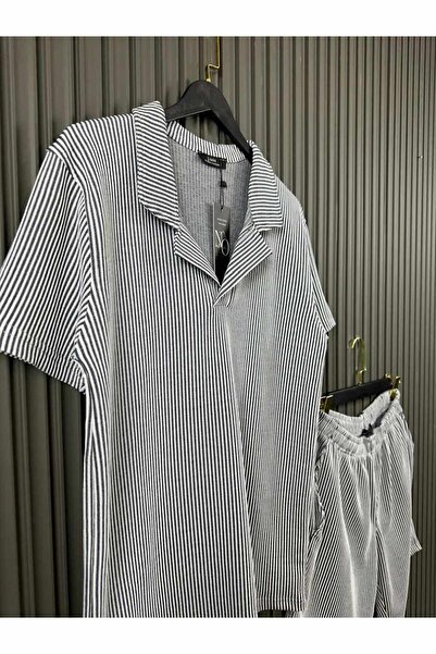 NO 601 Ανδρικό Σετ σορτς με διπλή τσέπη με ριγέ γιακά μπλουζάκι Navy Blue