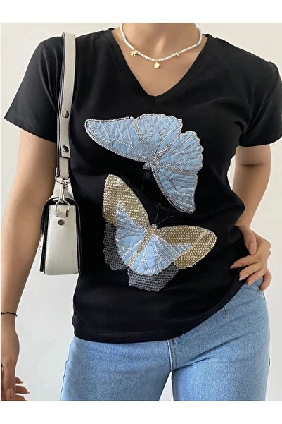 Esra Butik Hane تي شيرت نسائي أبيض برقبة على شكل حرف V مطرز بالترتر مصنوع من ...