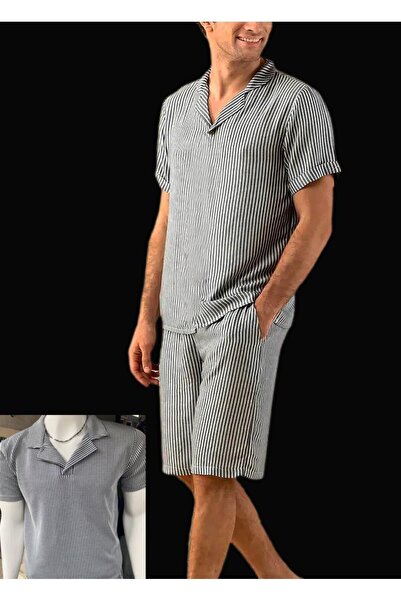 NO 601 Ανδρικό Σετ σορτς με διπλή τσέπη με ριγέ γιακά μπλουζάκι Navy Blue