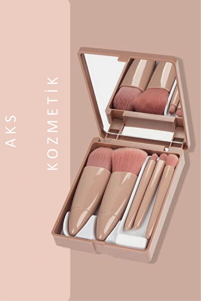 aks kozmetik Taşınabilir Aynalı 5'li Makyaj Fırça Seti Göz Farı, Fondöten, Allık Karıştırma, Makyaj Fırçaları