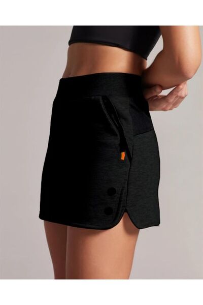 Nita Giyim Kadın Siyah Yüksek Bel Çift Cepli Çıtçıt Detaylı Kısa Mini Örme Sp...