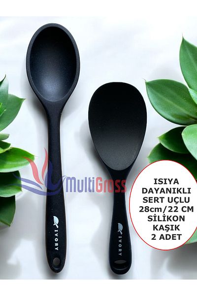 Multiamo Hard Tip Heat Resistant Fireproof Non-Stick Silicone Long Spoon 28 Cm + Short Spoon 22 Cm / 2 Pcs