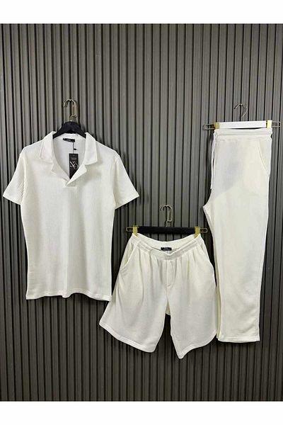 NO 601 Men's Ecru Striped Loose Fabric - Comfortable Loose Fit 3-Piece Set T-Shirt Shorts Trousers