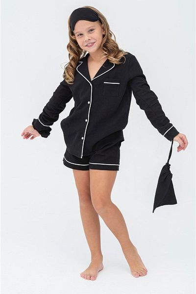 Lolliboomkids Girl's 100% Organic Cotton White Ecru Piping Black Color Long 7-Piece Pajama Set Combination