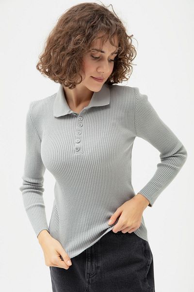 Lafaba Women's Gray Polo Neck Ribbed Knitwear Sweater