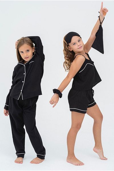 Lolliboomkids Girl's 100% Organic Cotton White Ecru Piping Black Color Long 7-Piece Pajama Set Combination