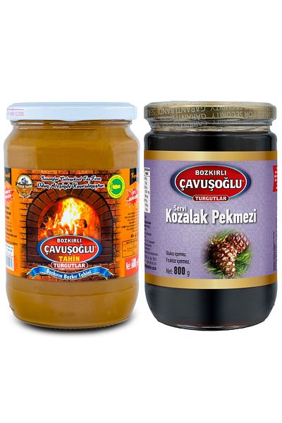 Bozkırlı Çavuşoğlu Steppe Tahini Glass Jar with Bran in Wood Fire 700g + Cone Molasses Glass Jar 800g