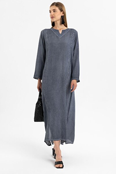 Deriderim Довга сукня з довгими рукавами, сіра, з вишивкою, бавовняна - без підкладки