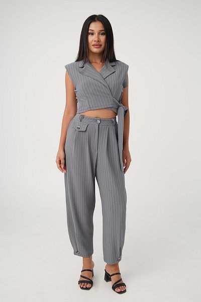 Hipo Trend Gray Striped Side Tie Double Suit Set