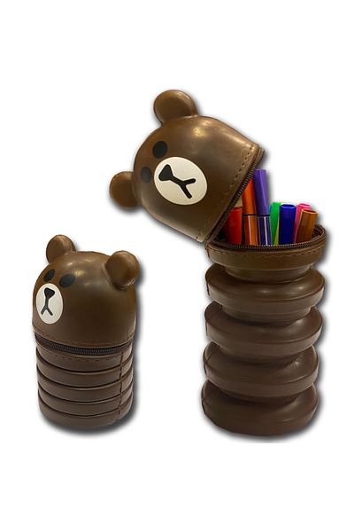 FLY COLOR Accordion Silicone Pencil Case - Magnifying and Shrinkable, Teddy Bear Brown