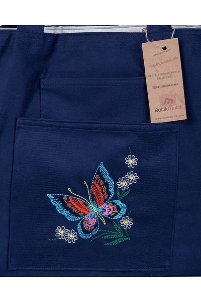 Wings Of Simurg Geantă tote din pânză cu fermoar bleumarin - Boutiquemutik-kelebek broderie brodata