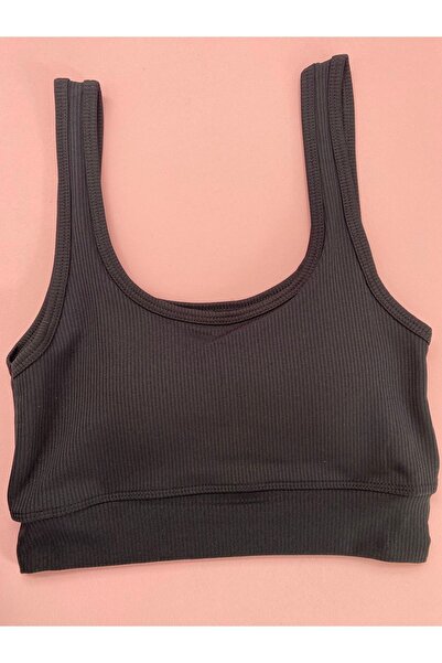 LEYNA BUTİK Women's 2 Pieces Ribbed Fabric Blouse with Thick Straps and Removable Pads - Half Undershirt (Stone Grey-Black)