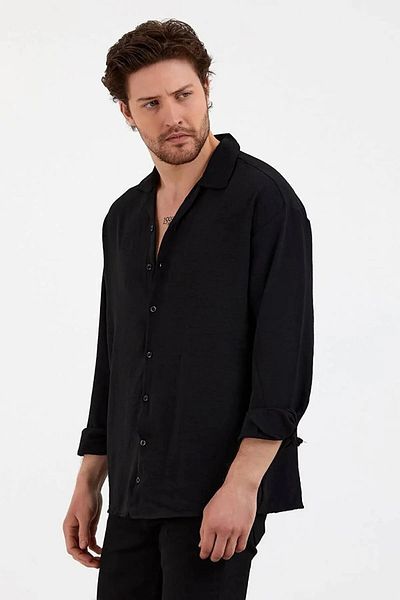 NO 601 Ανδρικό μαύρο oversize ζαρωμένο πουκάμισο