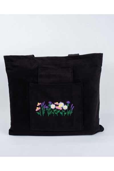 Wings Of Simurg Lavanda Daisy Brodat - Geantă și portofel din pânză neagră cu fermoar Butikmutik