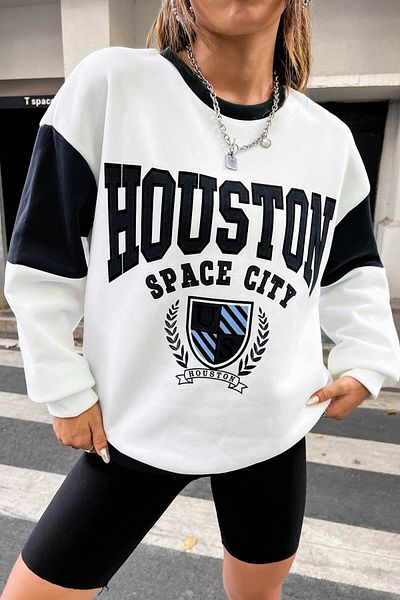 MODAGEN Houston Printed Unisex Oversize φούτερ - Λεπτομέρεια μανίκι σε λευκό Navy Blue, Crew Neck