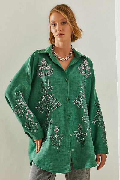 Bianco Lucci Stone Detailed Embroidered Women's Oversize Shirt - 60251031