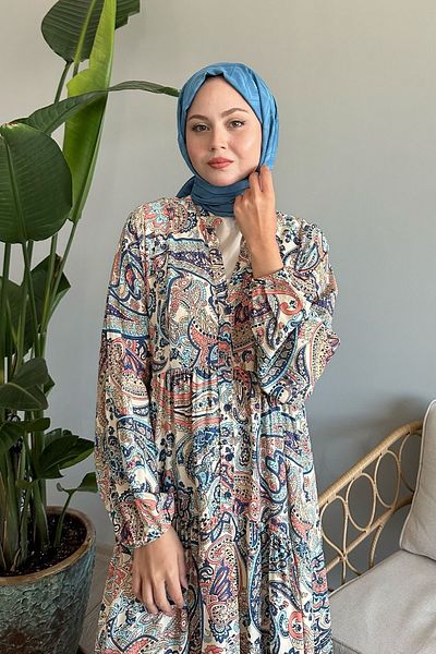InStyle Синя рокля от вискоза - шарка с балонен ръкав и шал