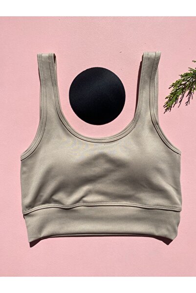 LEYNA BUTİK Women's 3-Piece Corded Fabric Thick Strap Blouse with Removable Pads-Half Tank Top (Green-Black-Stone Gray)