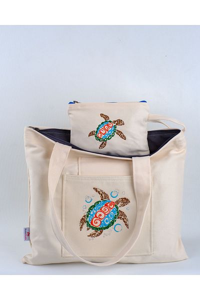 Wings Of Simurg Butikmutik - Cream Colored Embroidered Turtle Cloth Bag and Wallet