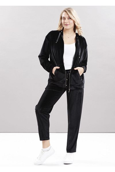 Even Plus Size - Büyük Beden Kadın Giyim Set de trening pentru damă, catifea cu buzunar negru, mărime mare