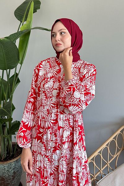 InStyle Red Viscose Tropical Balloon Sleeve Dress