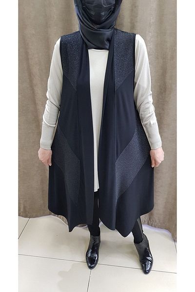 HESNA Women's Sandy Fabric Glitter Detailed Long Black Vest