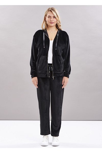 Even Plus Size - Büyük Beden Kadın Giyim Set de trening pentru damă, catifea cu buzunar negru, mărime mare