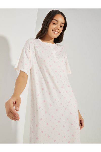 Styli Heart & Spot Print Button Front Drop Shoulder Sleep T-Shirt Dress