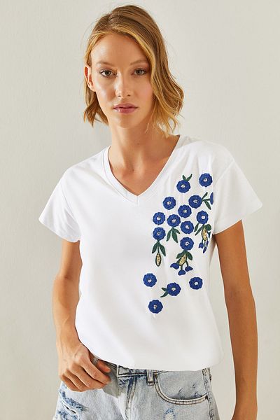 Bianco Lucci Tricou de damă cu paiete cu decolteu în V cu model violet violet - 60251474