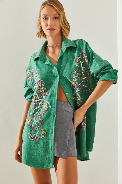 Bianco Lucci Stone Embroidered Flower Patterned Oversize Women's Shirt - 5946 60251478