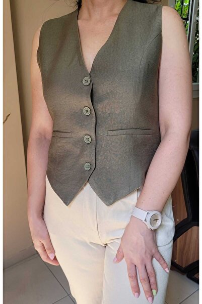 NEVEGE BUTİK Khaki2 V-Neck - Stylish Ayrobin Linen Women's Vest