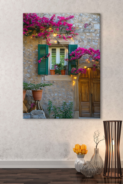 Morfil Sanat Atölyesi Stone House Floral Window Door Decorative Canvas Painting