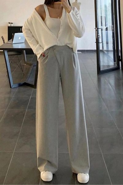 My Blog Gray Cross Button Fabric Trousers