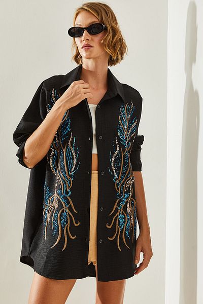Bianco Lucci Leaf Embroidered Patterned Oversize Women's Shirt - 5950 60251480