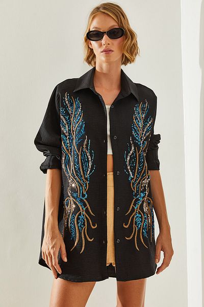 Bianco Lucci Leaf Embroidered Patterned Oversize Women's Shirt - 5950 60251480