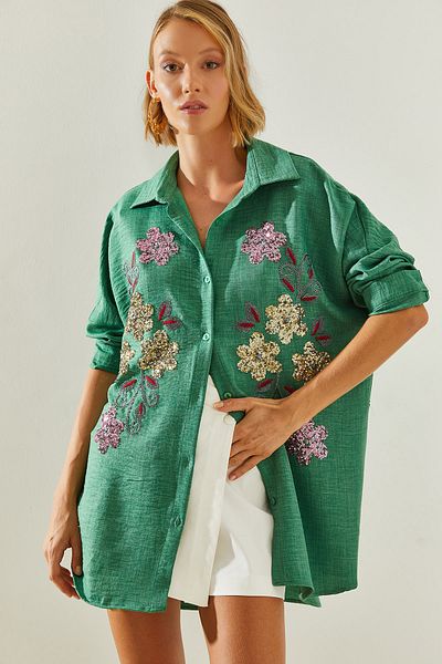 Bianco Lucci Sofia Linen Women's Shirt - Sequin Sequin Embroidery, 60181010