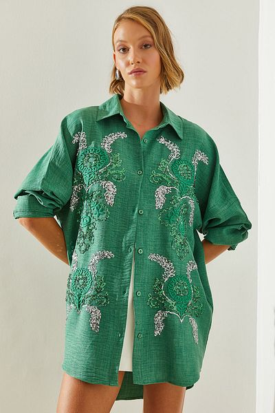 Bianco Lucci Patterned Embroidered Sequined Oversize Women's Shirt - 5932 60251476