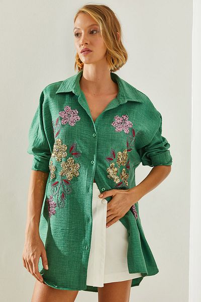 Bianco Lucci Sofia Linen Women's Shirt - Sequin Sequin Embroidery, 60181010