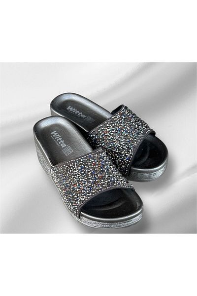 Witta Black Stone Silver Filled Women's Heel Slippers