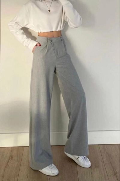 My Blog Gray Cross Button Fabric Trousers