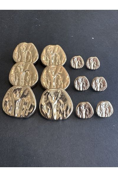 aensia Gold Gold Crinkle Curved Design Button Metal Button - Pack of 12 (6 Large + 6 Small)