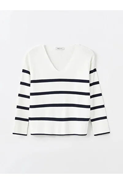 LC Waikiki Women's V-Neck Striped Long Sleeve Sweater - W4H781Z8