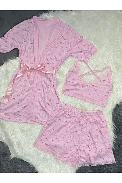 şıklık durağı 3-Piece Summer Cotton Combed Shorts and Dressing Gown Set