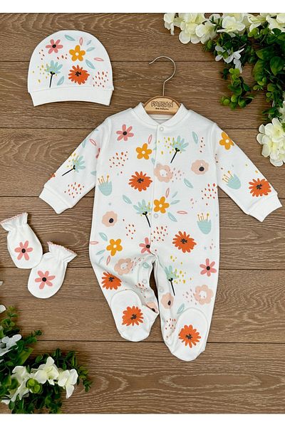 PATSAN Organic Cotton 3-Piece Baby Girl Jumpsuit Set with Gloves, Hat and Booties Floral