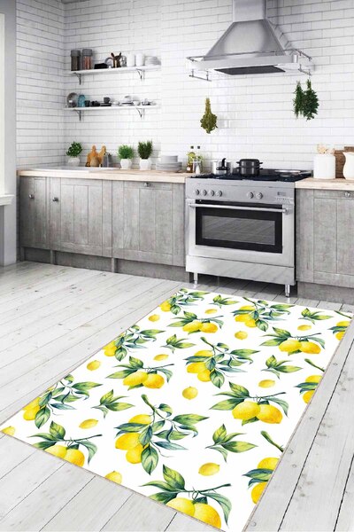 Viva Home Kaymaz Tabanlı Yıkanan Limonlu Mutfak Halısı Yolluk VH111