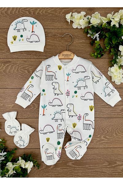 PATSAN Organic Cotton 3-Piece Baby Rompers Set with Gloves, Hat and Booties Dinosaurs