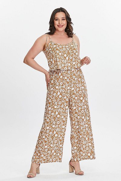 My ELİF Tekstil Women's Camel Floral Print Woven Jumpsuit